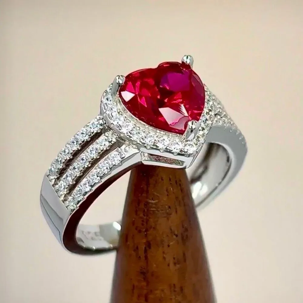 925 Sterling Silver Red Ruby Heart Ring CZ Halo Triple Band Wedding Promise Ring